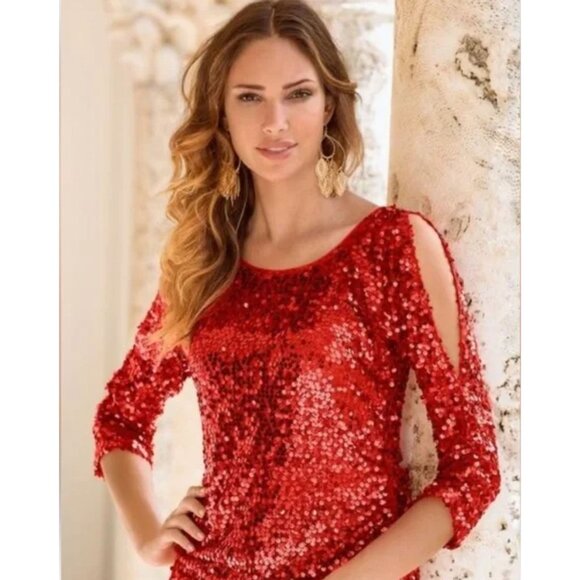 Size XS X-SMALL BOSTON PROPER RED SEQUIN COLD-SHOULDER TOP Dressy‎ Party Holiday - Picture 1 of 10